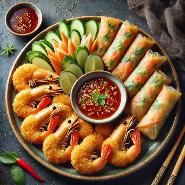DALL·E 2025-02-21 18.28.56 - A complete plate featuring exactly 7 breaded crispy fried shrimp with golden brown coating, paired with 5 vegetarian spring rolls filled with fresh ve 2A. Friterad räkor & vårrular vegetariska