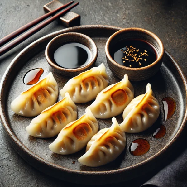DALL·E 2025-03-25 15.41.33 - A side order of 6 Asian-style dumplings arranged neatly on a ceramic plate with dipping soy sauce. The dumplings have golden crispy bottoms and soft t Dumplings (6 st)